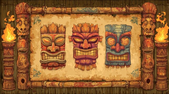 Three intricately carved tiki masks are mounted on a bamboo backdrop, complemented by flame-lit torches. These vibrant masks represent cultural heritage in a festive atmosphere. - Powered by Adobe