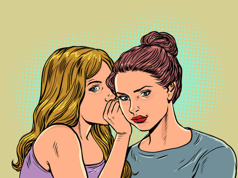 Pop Art Retro Dialogue between women in secret. Women whisper looking straight ahead. Rumors and gossip behind the back.
