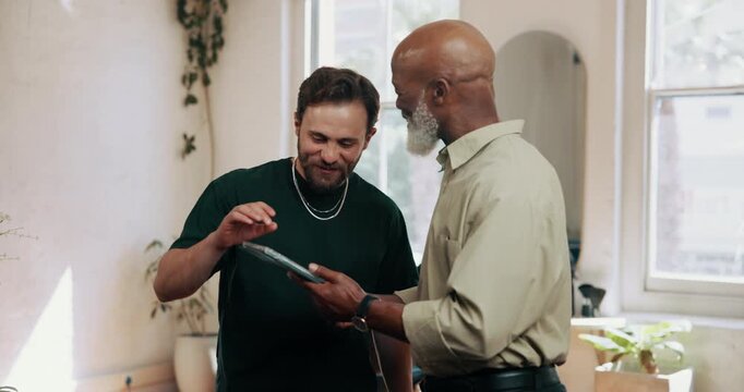 Men, laughing and discussion in small business with tablet for research, funny story and feedback. Happy people, manager and employee with digital tech in workplace for advice, communication or joke.