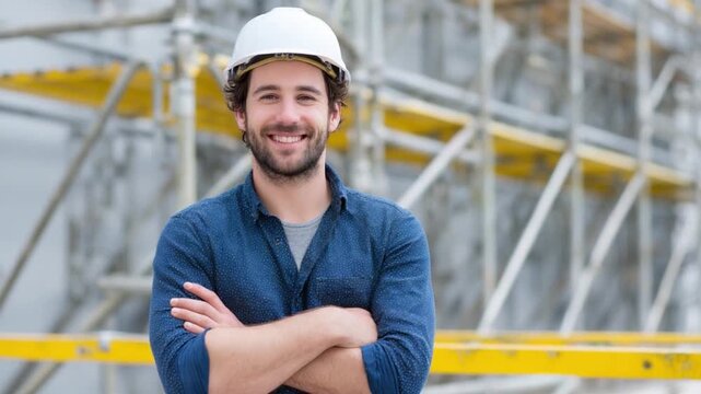 Confident Constructor: A skilled constructor, adorned in a hard hat, stands confidently amidst construction scaffolding, embodying expertise, commitment, and a strong work ethic.