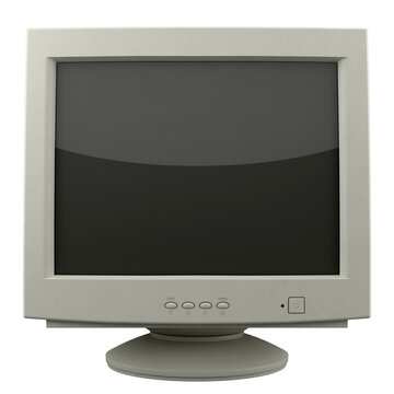 Isolated classic white vintage CRT computer monitor turned off with dark blank screen, retro tech 3d illustration