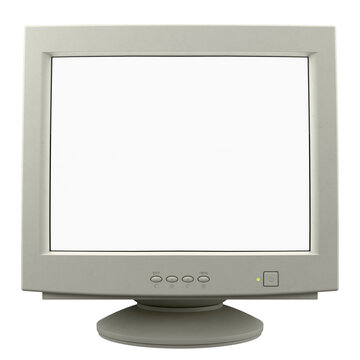 Isolated classic white vintage CRT computer monitor turned on and glowing white screen, retro tech 3d illustration