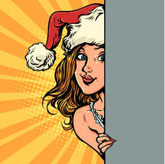 Pop Art Retro A girl dressed as Santa Claus. New Year's discounts and gifts. Creating a surprise for the winter holidays.