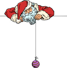 Pop Art Retro Santa Claus holding a Christmas tree bauble on a string. Celebrate the approach of Christmas and New Year with Santa Claus. Find discounts on New Year's holidays and gifts.