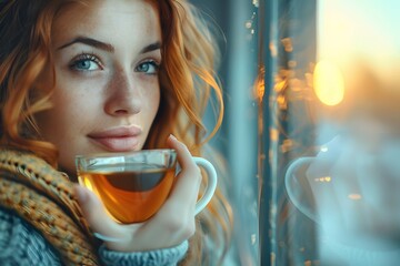 A young woman with red hair holds a cup of tea close to her face while looking thoughtfully out of a window. The warm light of the sunset highlights her features and the glass pane