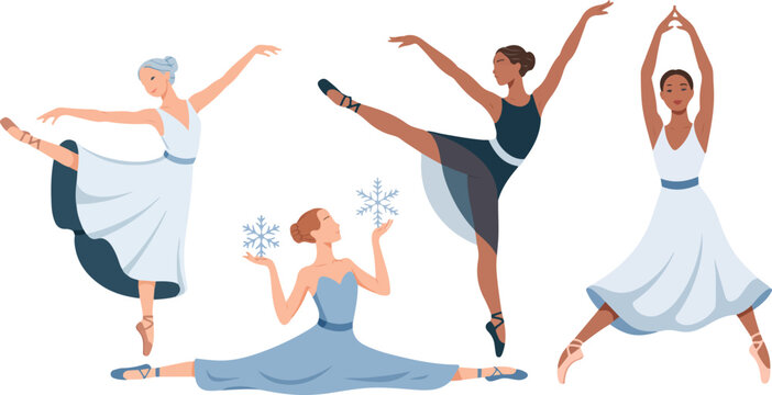 Elegant Ballerinas in Different Poses Flat Vector Illustration on Transparent Backdrop Showcasing Grace and Artistry of Ballet