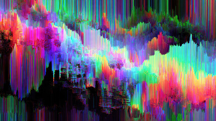 Vibrant pixel-sorted abstract art showcasing a mesmerizing cascade of intense rainbow colors, creating a dynamic digital landscape with a glitch aesthetic.