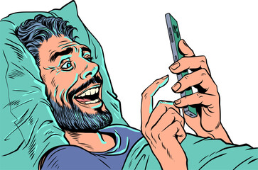 Pop Art Retro A man in bed staring at his phone. Technology and internet addiction. Special offers and promotions for customers.