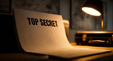 Top-secret file with "top secret" text, on an office table next to a briefcase.