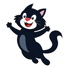 Delighted cartoon black cat with pink nose jumping and smiling happily