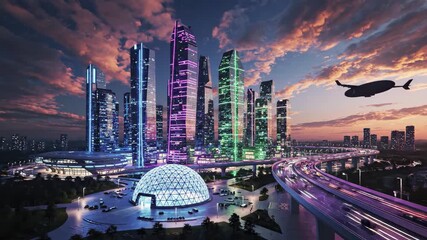 Futuristic city skyline at sunset with neonlit skyscrapers, a busy highway, and a flying vehicle - Powered by Adobe
