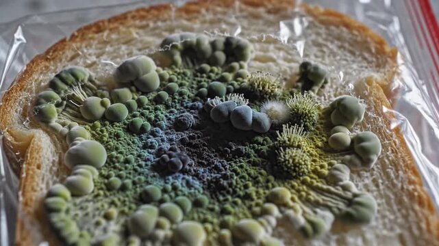 Close Up of Mold Growing on Slice of Bread White Background Contaminated Food Spoilage Danger Green and White Texture Macro Focus