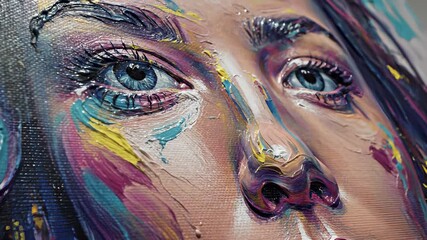 A captivating portrait painting of a womans face radiates vibrancy against a kaleidoscope of purple and yellow hues, capturing the essence of creativity and cultural fusion.