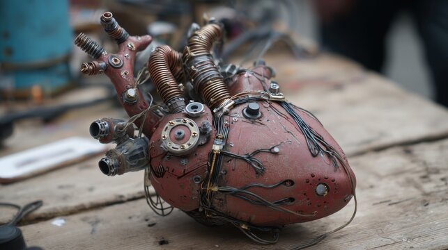 This unique artificial heart sculpture features metal coils, valves, and wires, displaying a blend of creativity and craftsmanship. It draws attention at a vibrant craft fair filled with diverse art.