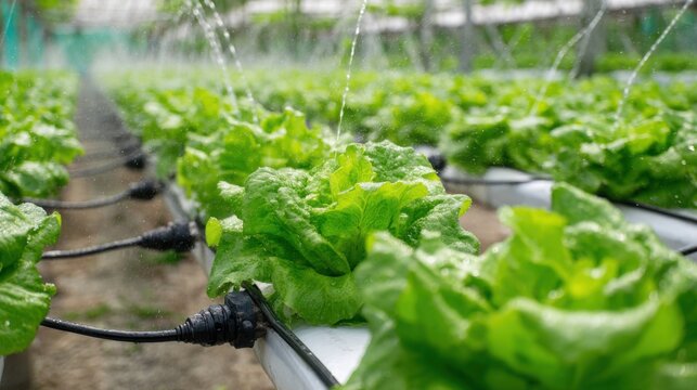 Lettuce plants thrive in a greenhouse, receiving hydration from an automated watering system. The lush greens showcase a modern farming approach focused on sustainability and efficiency.