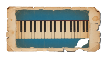 Vintage piano keys musical instrument keyboard antique music sheet paper background artistic design art on transparent background