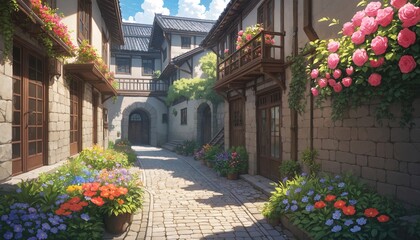 Fototapeta premium narrow cobblestone street with colorful flower boxes and traditional buildings