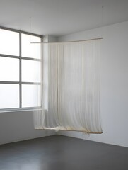 Minimalist art installation with flowing fabric in a bright studio space