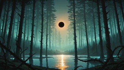 forest eclipse sunset tranquil lake serene nature scene
