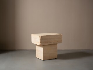Minimalist beige stool with geometric form against a plain wall