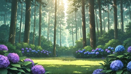 enchanting forest with blooming hydrangeas and dappled sunlight