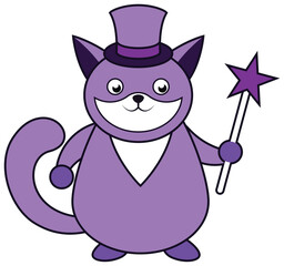 Charming purple cartoon cat wearing a top hat and holding a star wand.