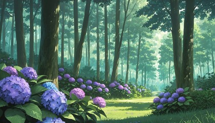 enchanting forest with vibrant hydrangeas and tall trees