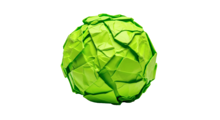 Green crumpled paper ball texture background abstract art design waste recycle concept studio shot isolated on transparent background