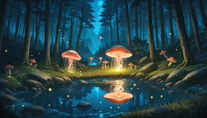 magical forest with glowing mushrooms and jellyfish like creatures