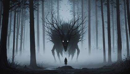 dark forest monster with glowing eyes looming over lone figure in misty woods