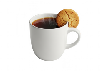 Freshly brewed coffee in a pristine white mug, steam rising, with a classic shortbread cookie.