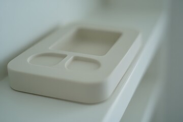 Minimalist white soap dish with compartments on a white surface