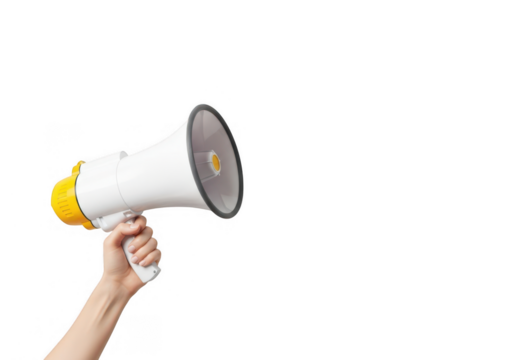 Hand holding a white and yellow megaphone, ready for public announcements and marketing campaigns.