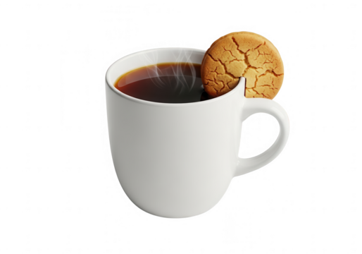 Freshly brewed coffee in a pristine white mug, steam rising, with a classic shortbread cookie.