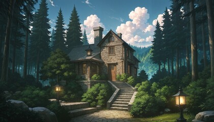 rustic stone cottage nestled in lush forest with stone pathway and lanterns