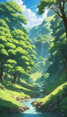 lush forest with cascading waterfall and flowing stream