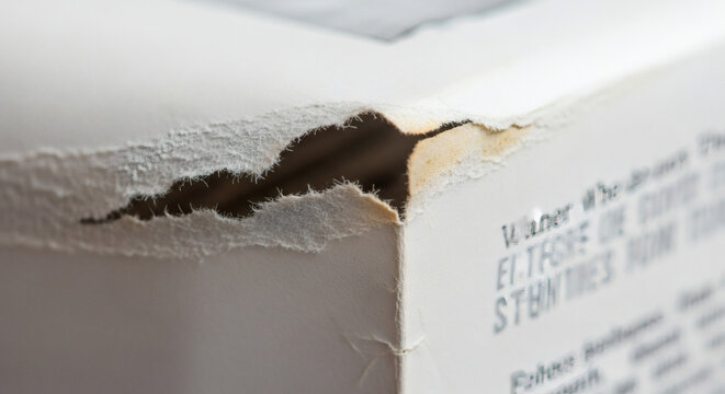 Damaged cardboard box corner with torn edge, revealing inner layers, perfect for illustrating wear and tear or packaging failure in product shipping