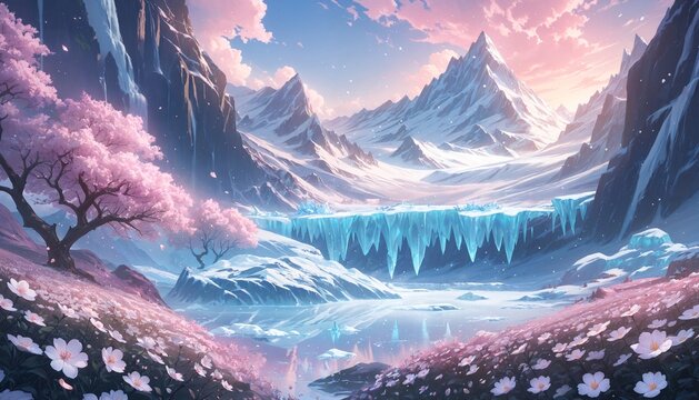 frosty mountain landscape with cherry blossoms and icy formations