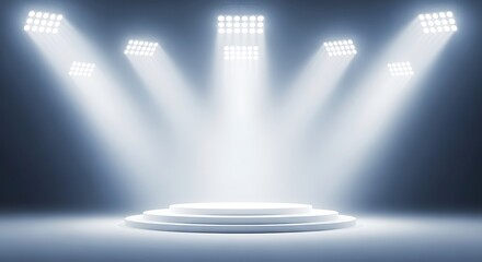 Illuminated white stage platform with bright spotlights for product presentation or performance