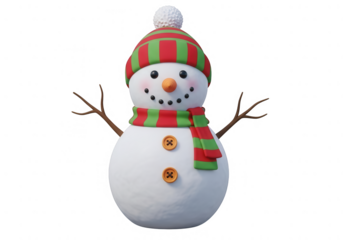 3d render of a cheerful snowman wearing a striped red and green hat and scarf, winter holiday character cutout