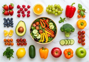 Colorful and fresh fruits and vegetables laid out on a white marble background