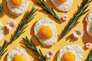 Fried Eggs, Rosemary and Flowers on Yellow Background – Bright Spring Food Pattern
