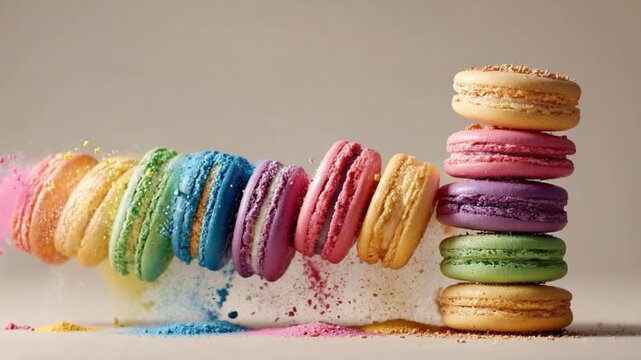 Macarons Cascade of Color: A delightful assortment of vibrantly colored macarons arranged artistically, creating a visually appealing display of sweetness and charm.