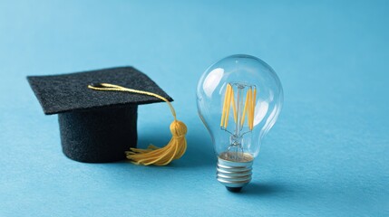 A graduation cap rests near a glowing light bulb, representing the fusion of education and innovative thinking in a bright, creative environment.