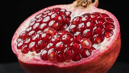 Vibrant Pomegranate Half A CloseUp of Juicy Arils Bursting with Flavor and Antioxidants Perfect for Healthy Eating and Refreshing Summer Recipes Showcasing the Rich Red Color and Natural Beauty of Fr.