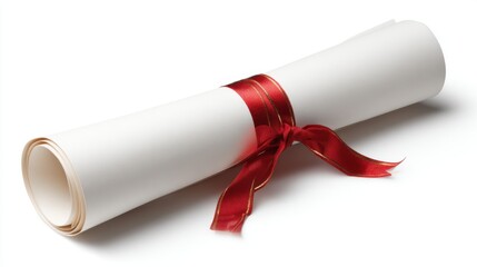 A rolled document secured with a red ribbon rests on a clean surface, symbolizing accomplishment in a graduation ceremony. It represents hard work and dedication in education.