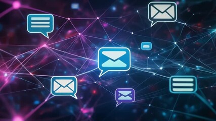 Abstract Digital Network with Floating Message Symbols and Connected Lines Over Dark Background - Powered by Adobe