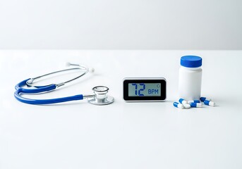 Medical equipment still life stethoscope pills and digital thermometer on white background