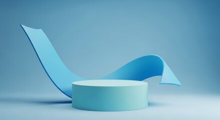 Minimalist blue product display podium with abstract paper wave background for presentation