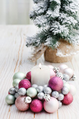 Candle holder made of glass balls. Beautiful table decoration for Christmas and carnival.